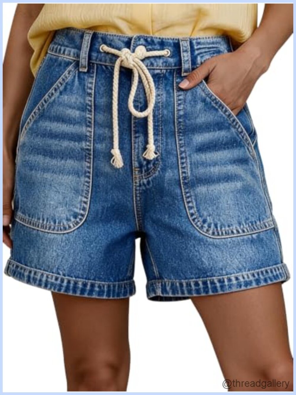 High Waisted Bermuda Denim Shorts Raw Hem Drawstring Casual Jorts